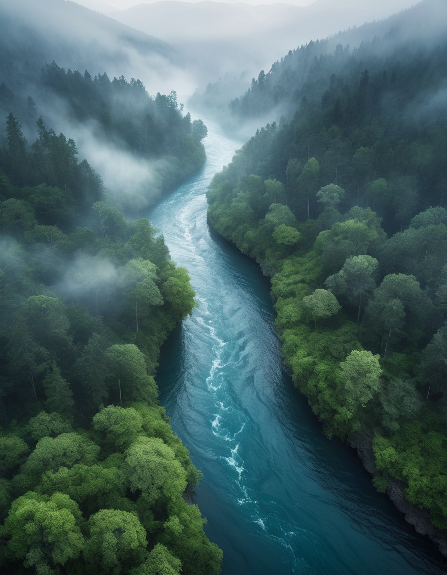 nature, river, forest, fog