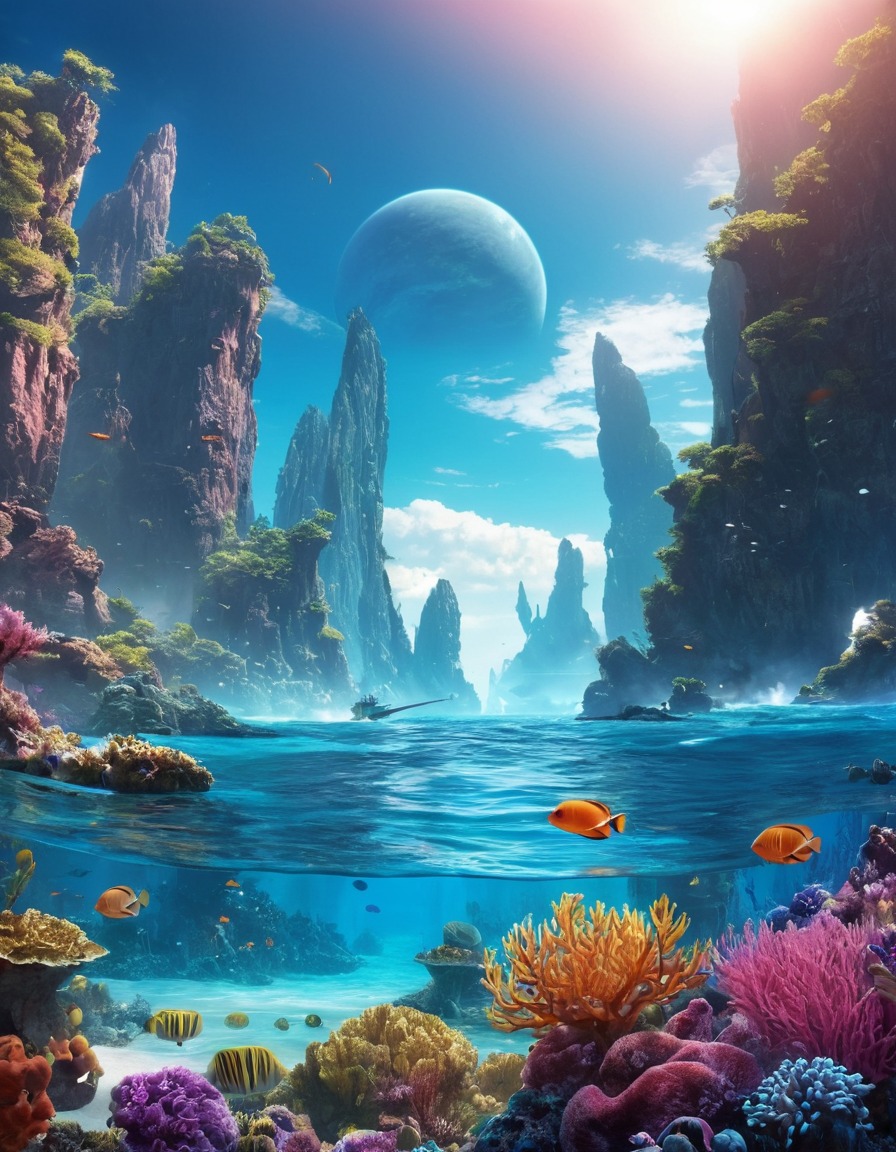 alien planet, ocean, marine life, vibrant colors, extraterrestrial, aliens