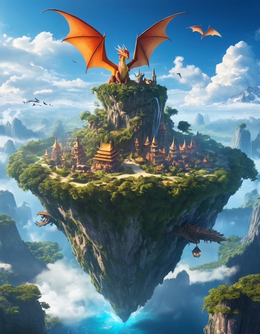 floating island, sky, dragons, winged creatures, fantastic