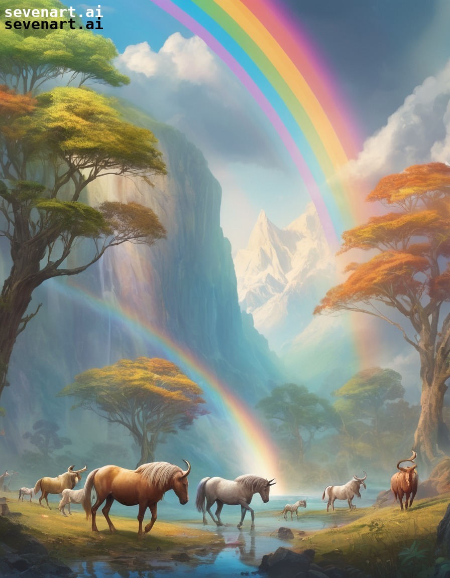 fantasy, landscape, griffins, centaurs, rainbow