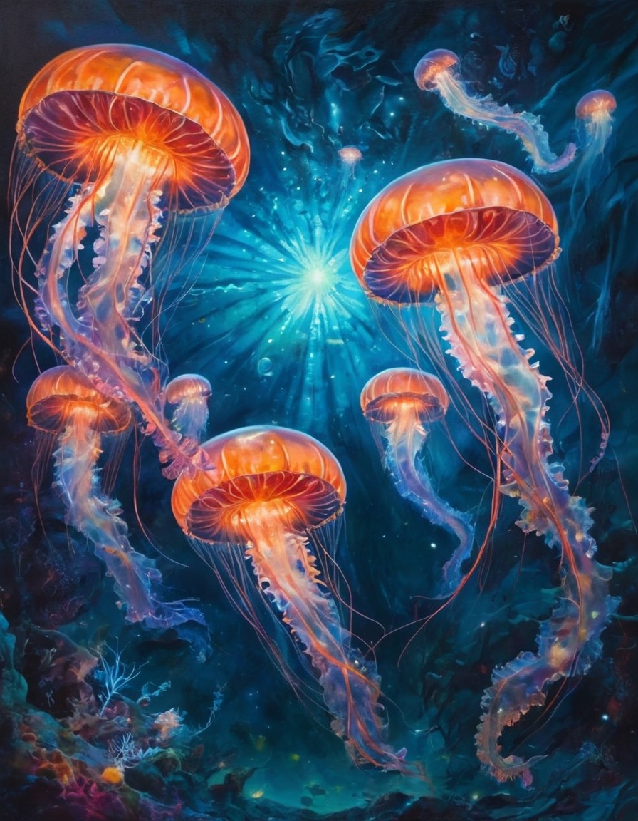 underwater, galaxy, glowing, jellyfish, surreal