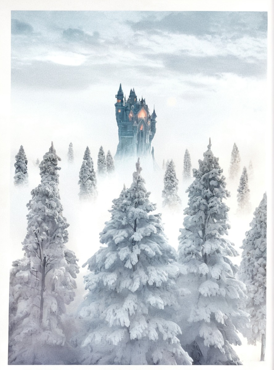 forest, snow, tower, watercolour