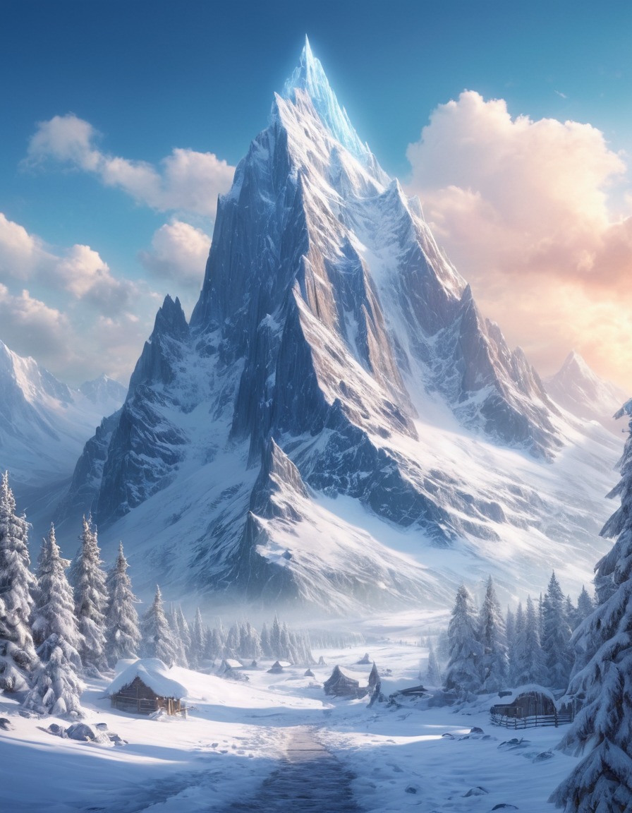 mountain peak, snow, ice, fantasy, nature, majestic, winter