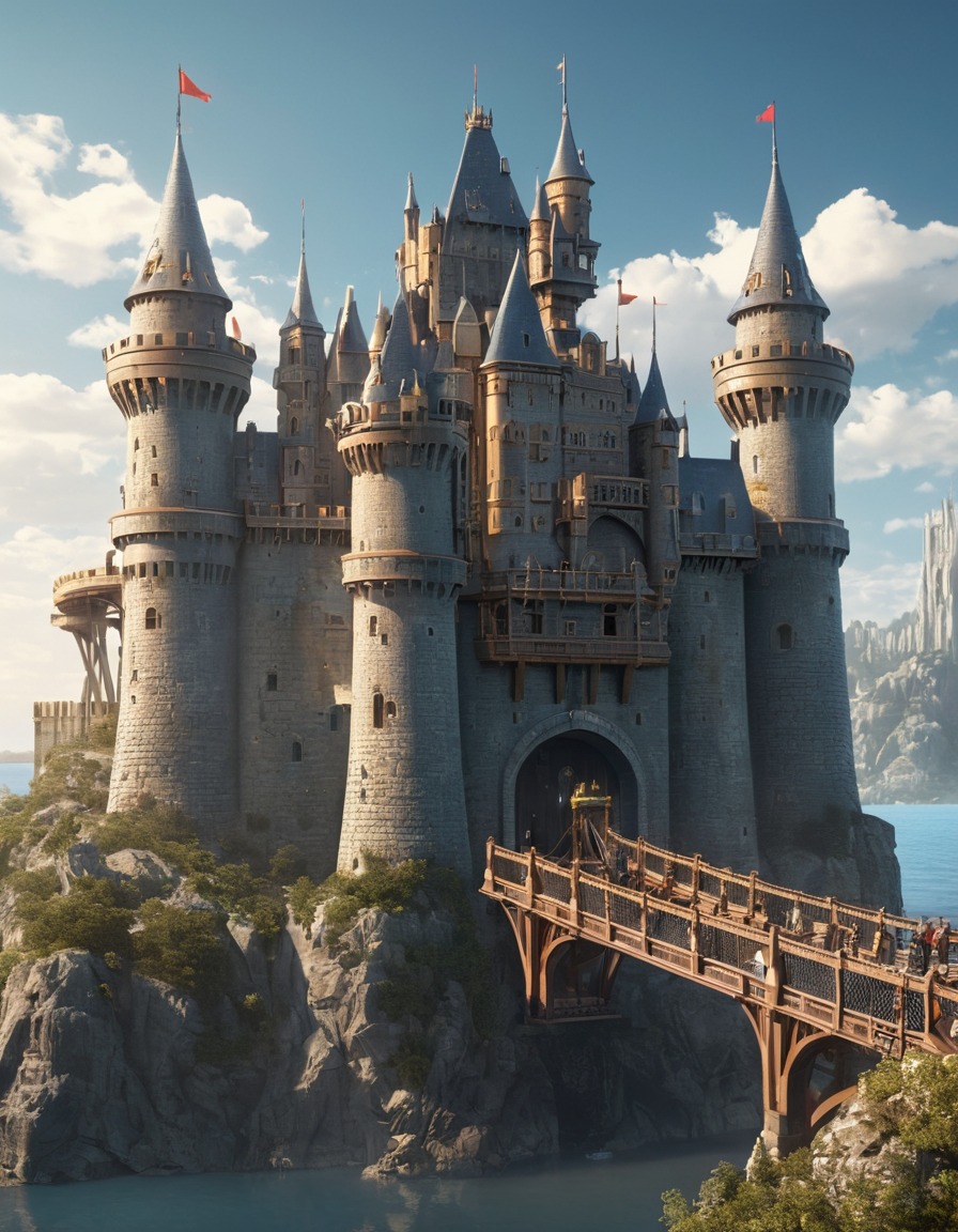 castle, high-tech, turrets, drawbridge, robots, armor, medieval, art