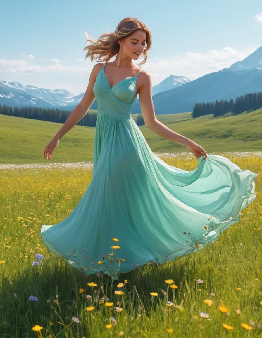 nature, meadow, girl, dress, twirling