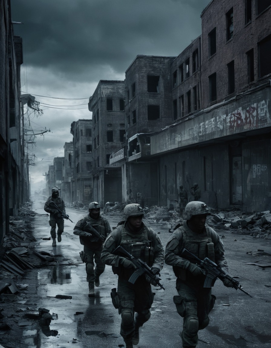 soldiers, patrol, city, abandoned buildings, military, urban landscape, war, usa