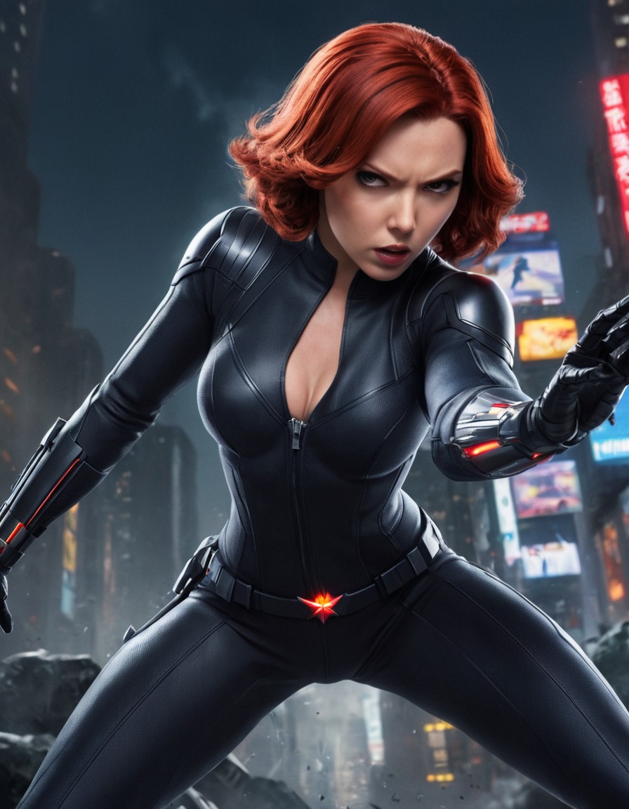 black widow, super hero, illustration, dynamic, fighting pose, anime, marvel