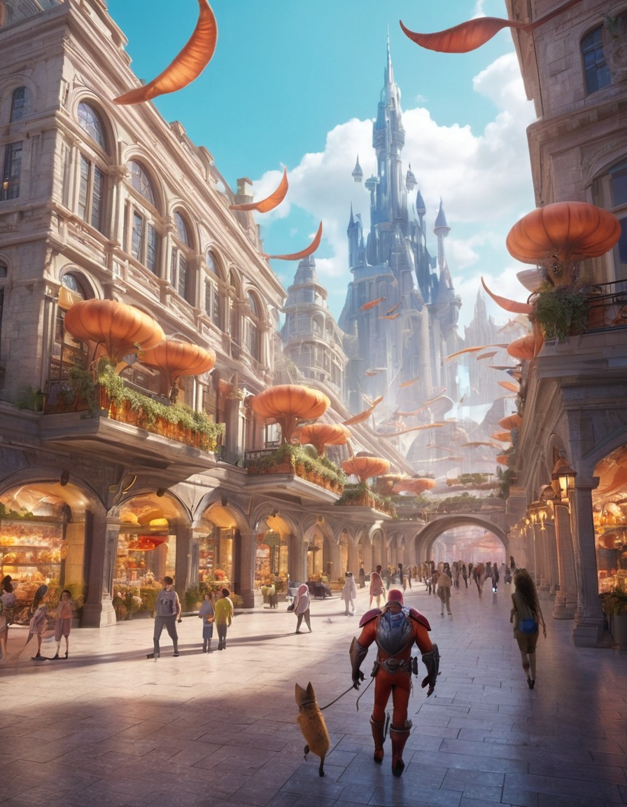 shopping mall, fantasy, fantastic city, fictional creatures, urban fantasy, magical shopping, mythical beings