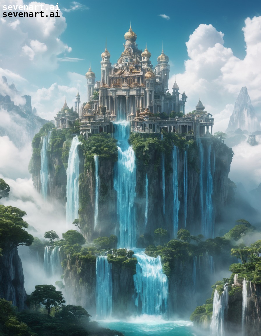 fantasy, palace, clouds, waterfalls