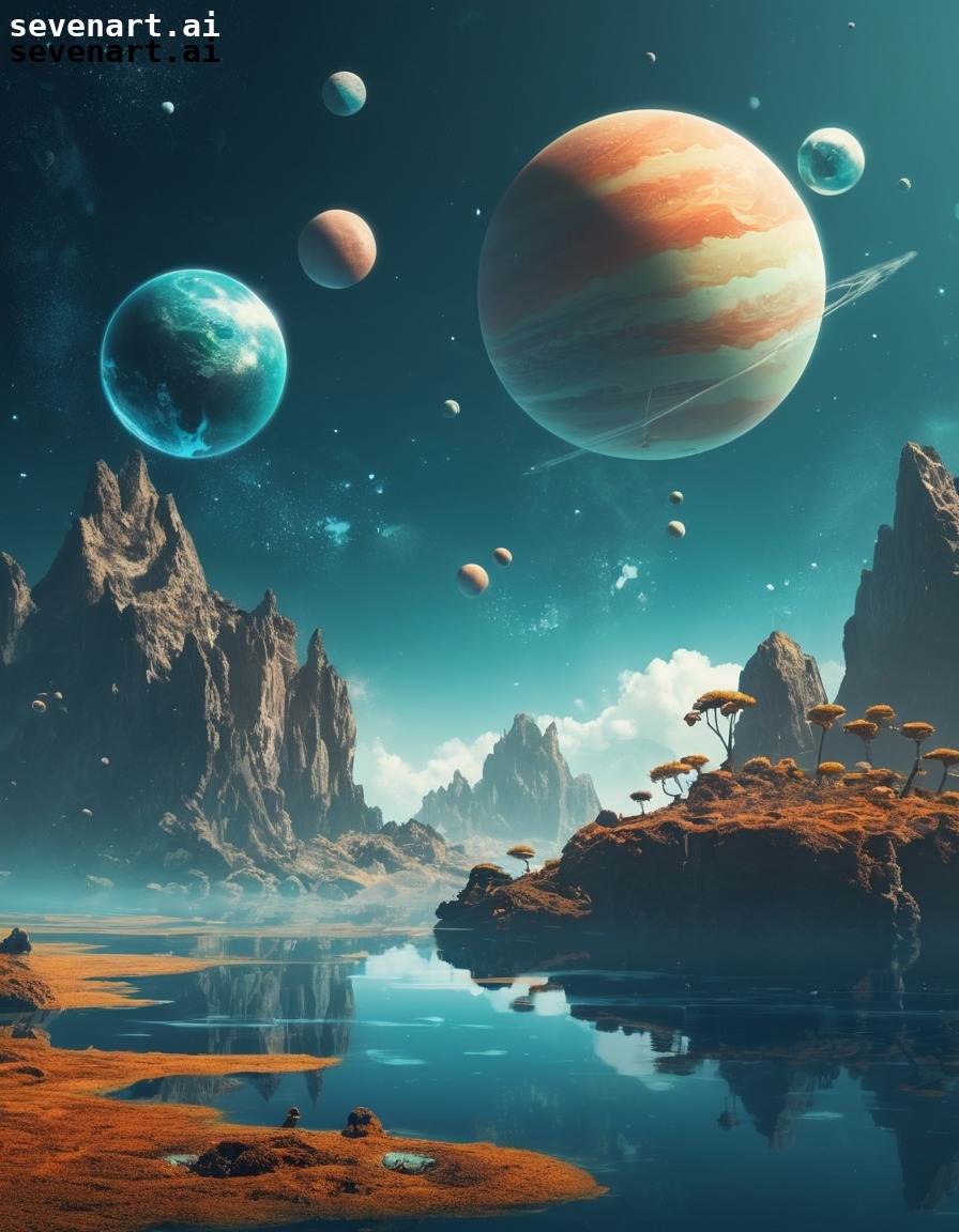 surreal, landscape, floating islands, planets, space, stars