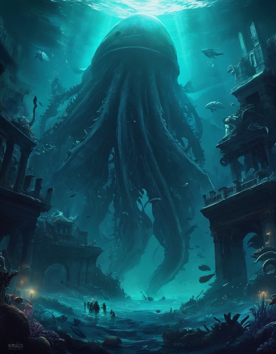 darkness, deep-sea creatures, underwater ruins, oceanic abyss, ominous, lovecraft, howard lovecraft