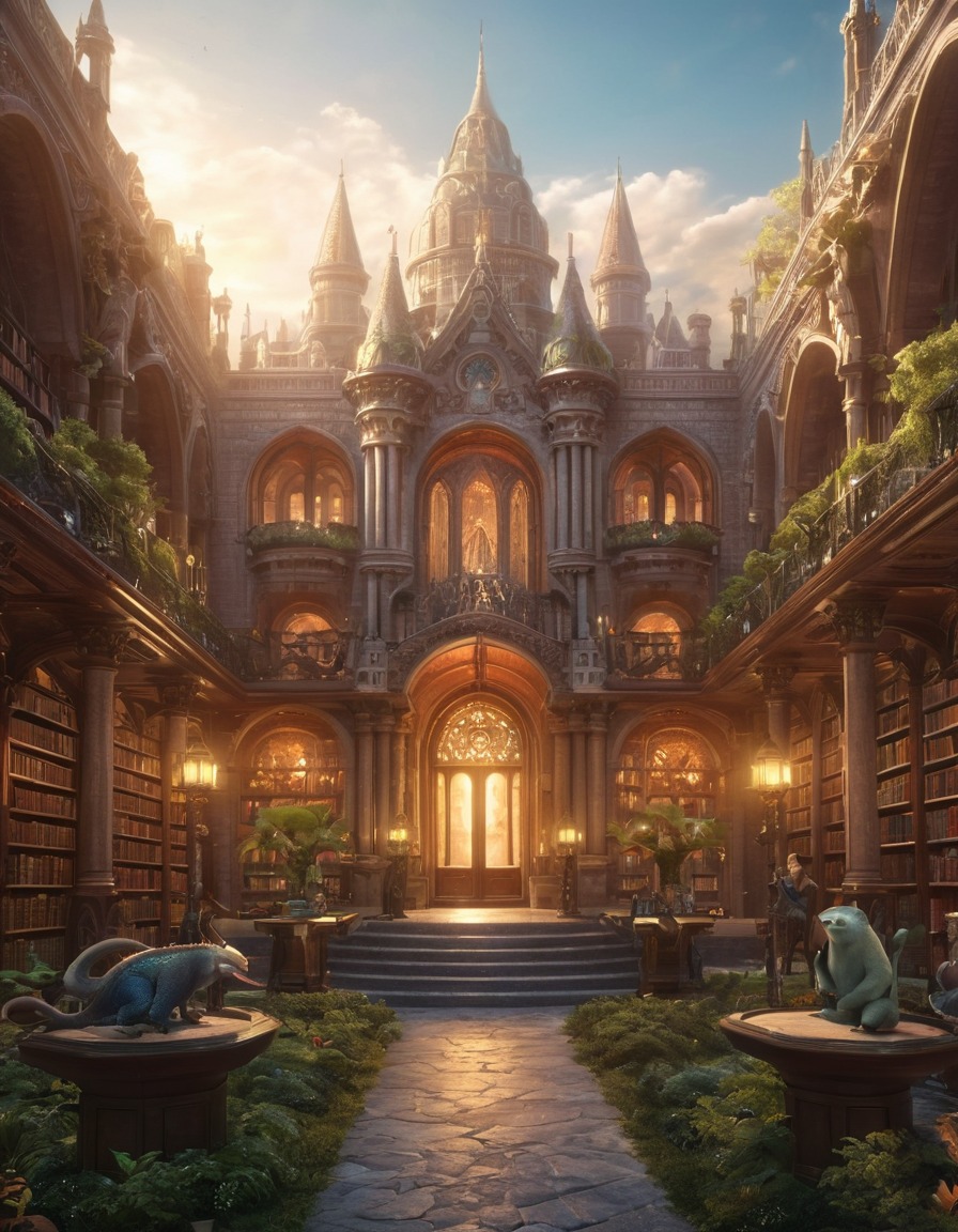 fantasy, library, fictional creatures, magical, urban fantasy, big city, literature