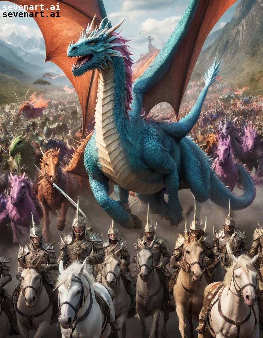 fantasy, mythical creatures, army, dragons, unicorns