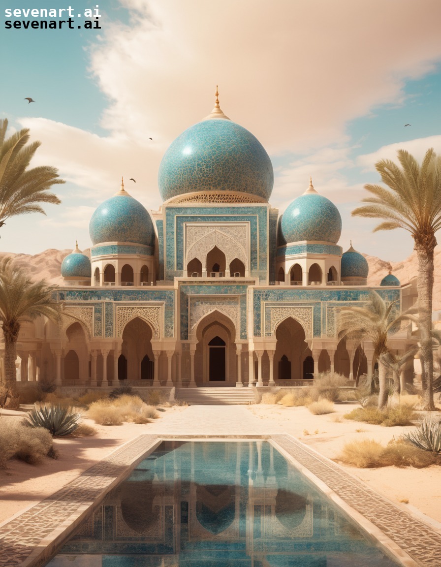 palace, shimmering domes, intricate mosaics, desert oasis, architecture