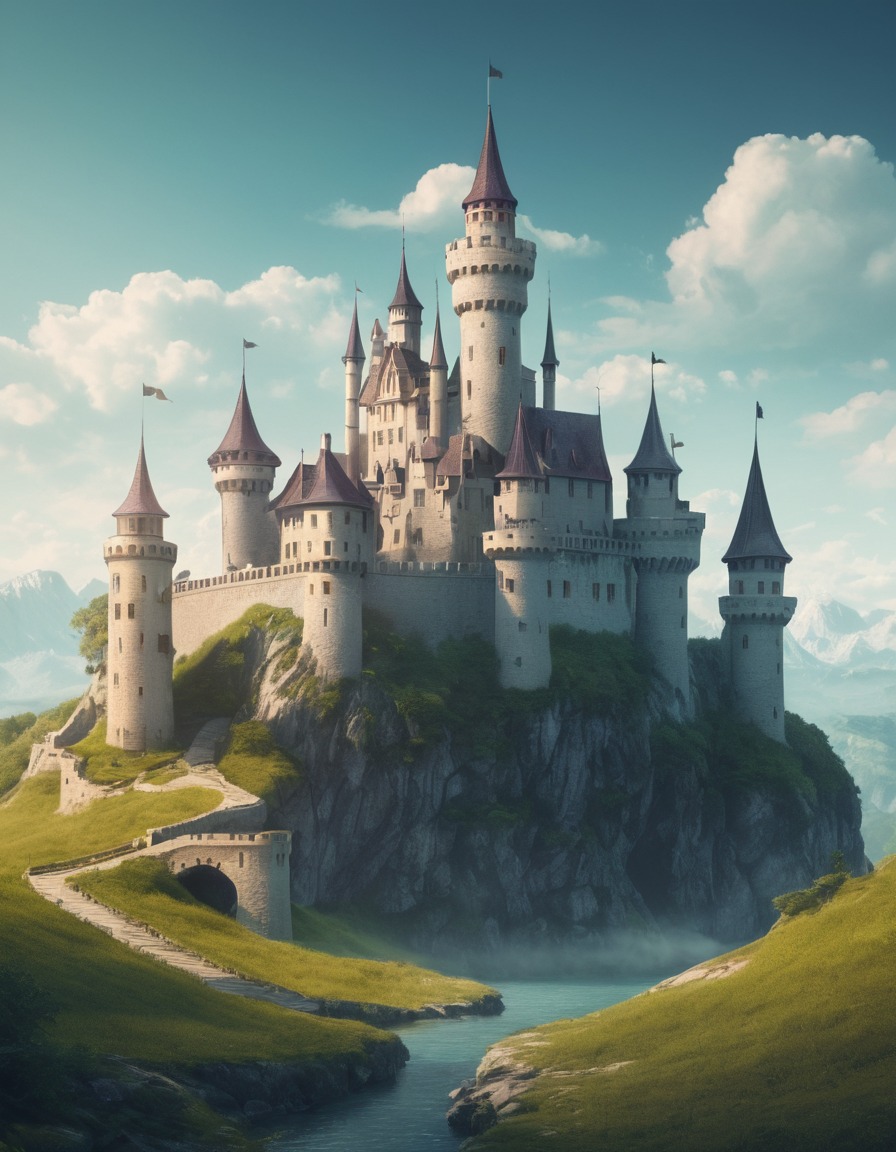 castle, fairytale, turrets, moat, hill