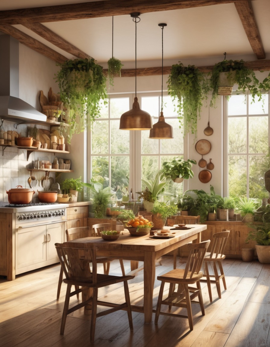 kitchen, rustic, wooden table, homemade meal, hanging plants, sunlight, home, interior