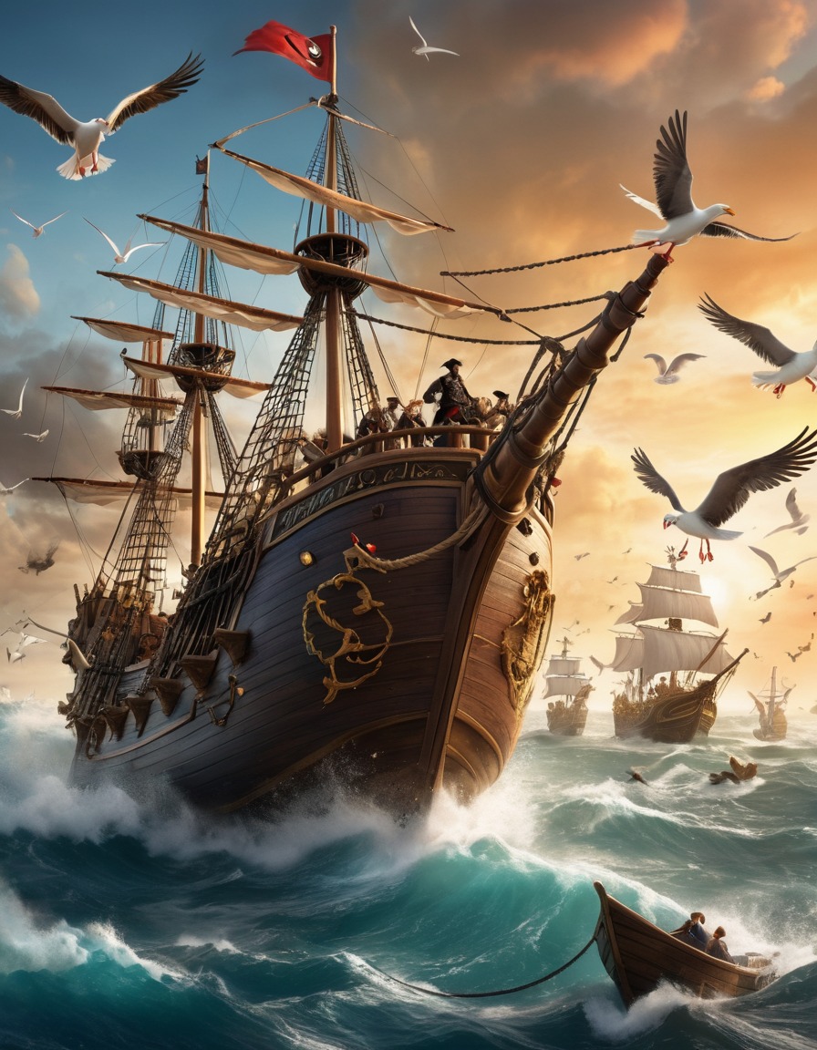 captain hook, pirate ship, seagulls, attack, sailing, adventure, books