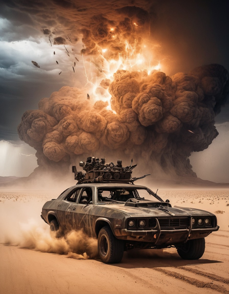 mad max: fury road, desert storm, lightning, explosions, action film, dystopian fiction, mad max