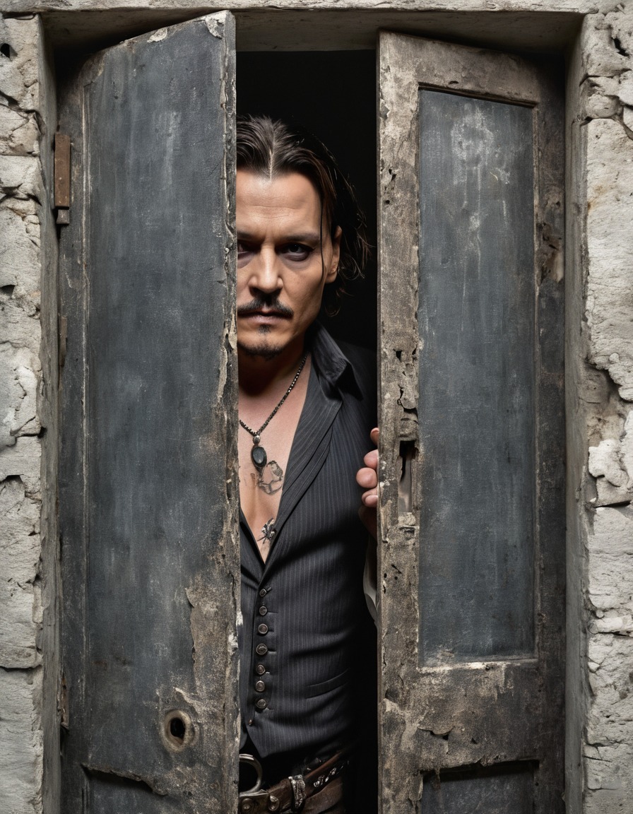 johnny depp, actor, fear, peering, cracked door, abandoned mansion, mystery