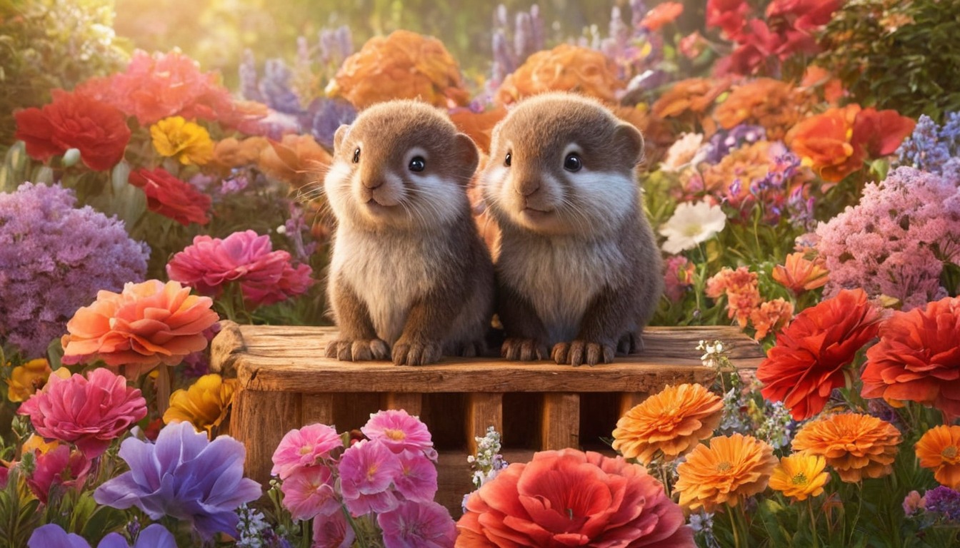 bench, couple, cute, decorated, flowers, otter