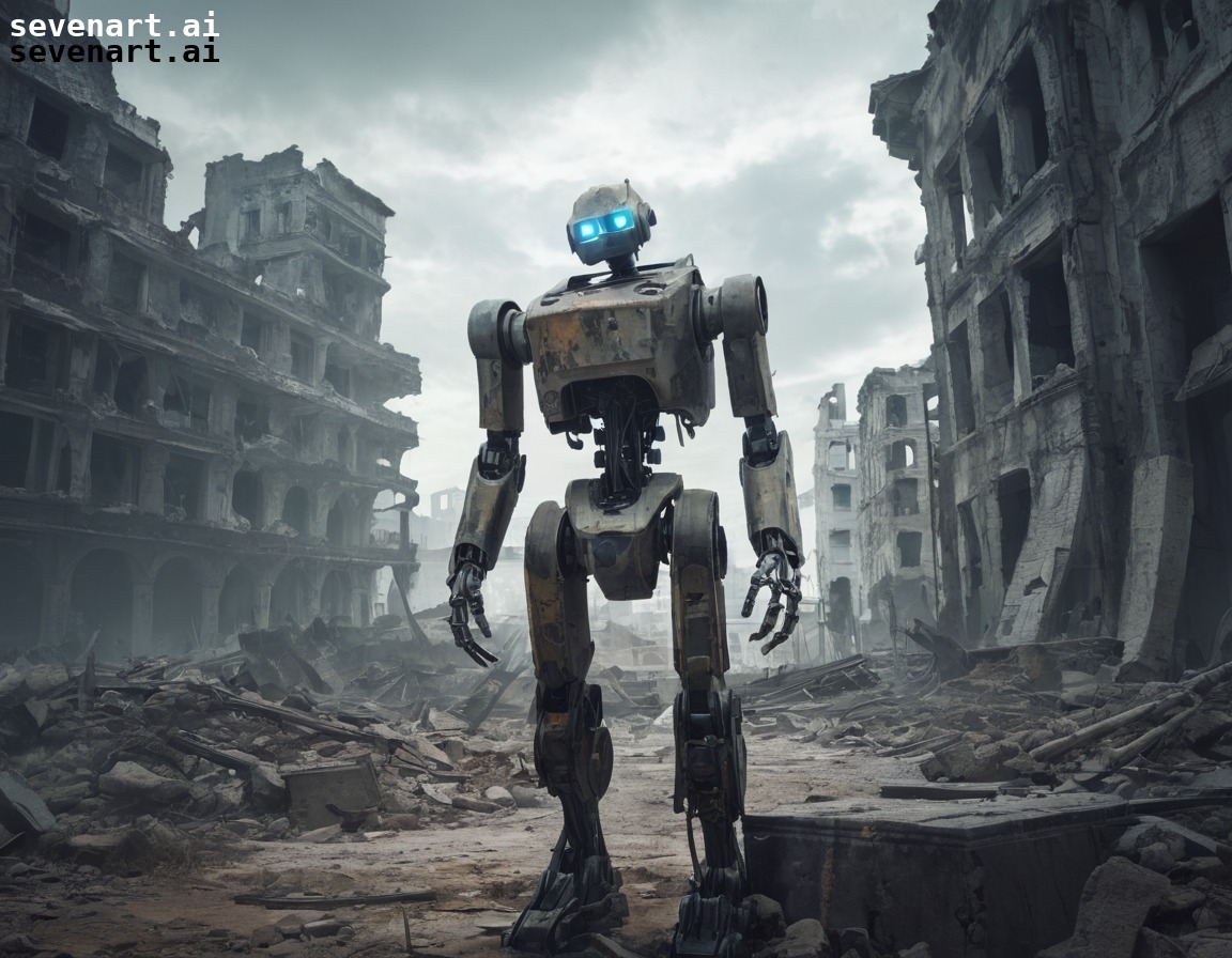 robot, post-apocalyptic, ruins, exploration, city, robots