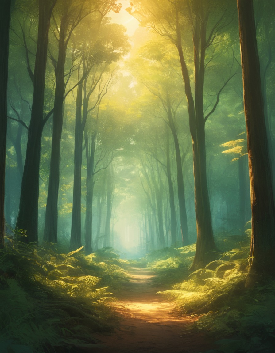 forest, sunlight, serene, nature, trees