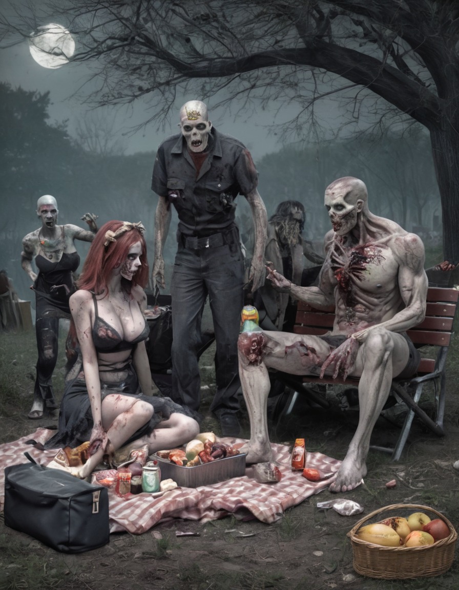 zombie, family, picnic, post-apocalyptic, park, horror, undead