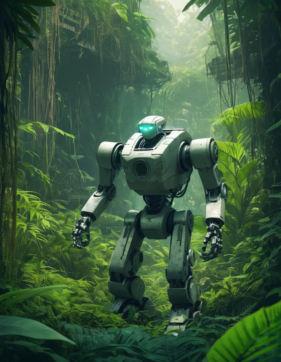 robot, exploration, lush, overgrown, jungle, robots