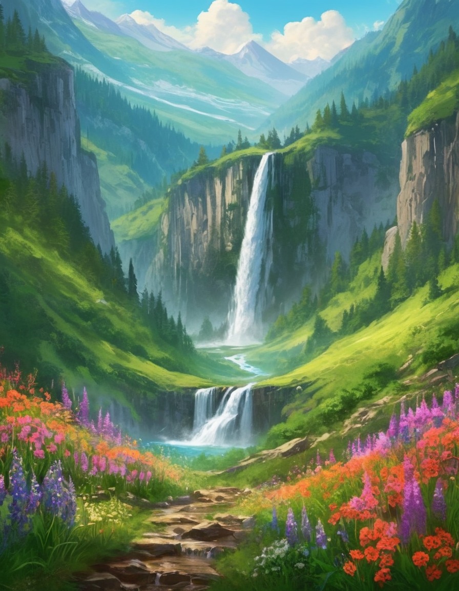 waterfall, mountains, lush, wildflowers, nature