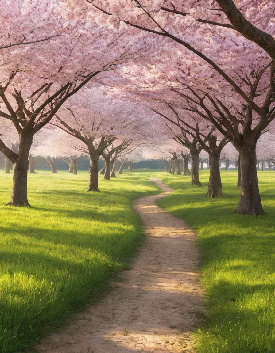 nature, cherry blossom, trees, meadow, spring, tranquility