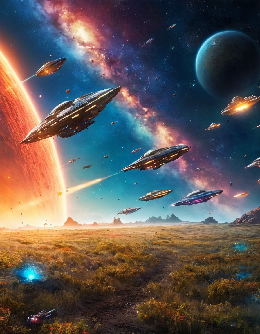 space, starships, field of space debris, colorful, traveling, galaxy, exploration