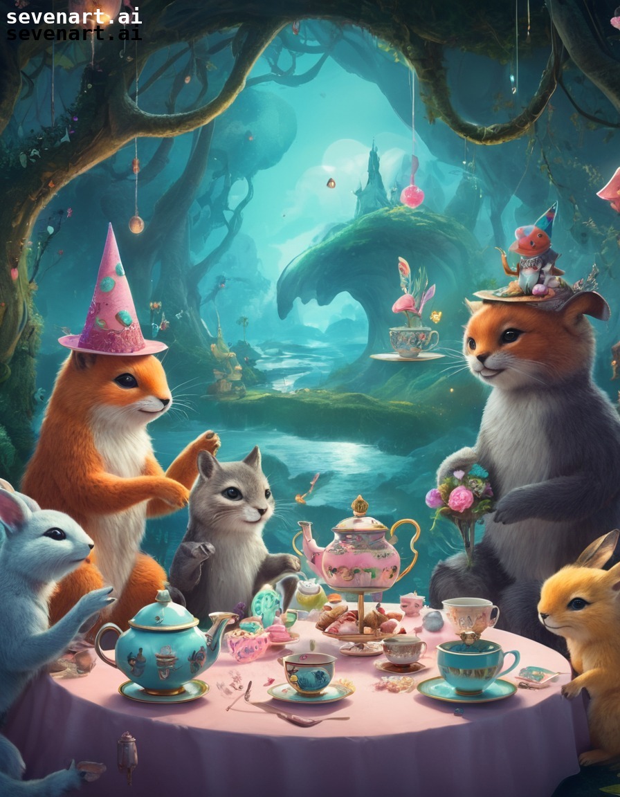 fantasy, whimsical, tea party, colorful, otherworldly