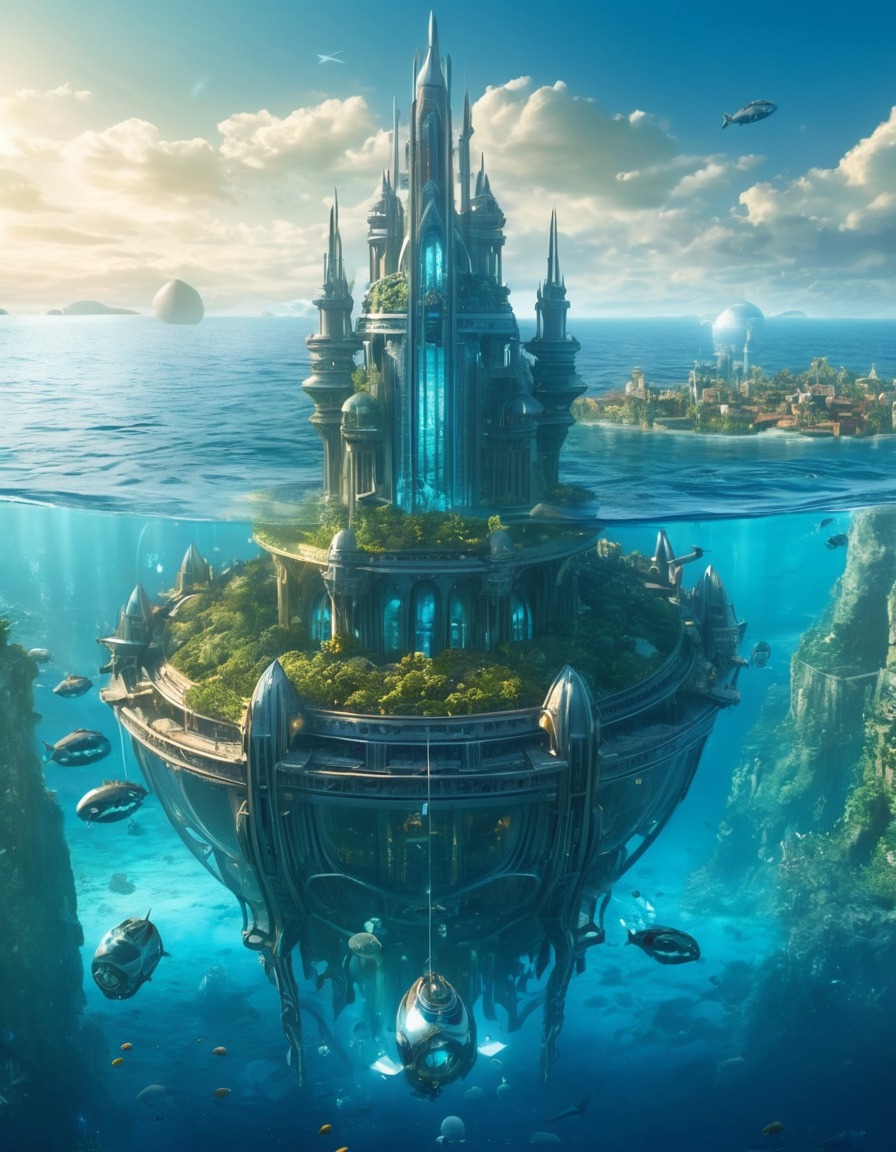 underwater city, futuristic, transparent domes, marine exploration, technology, future