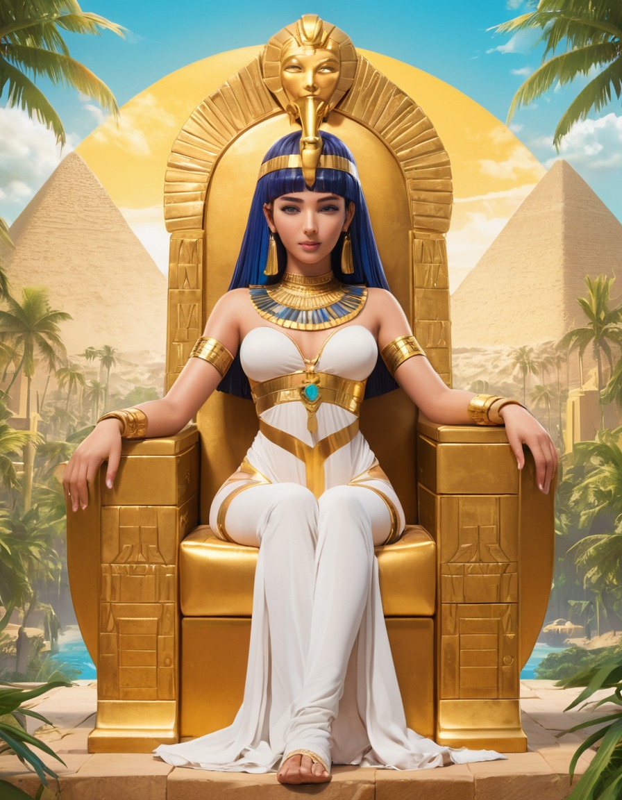 cleopatra, egyptian, throne, lush landscapes, royalty, ancient egypt, anime