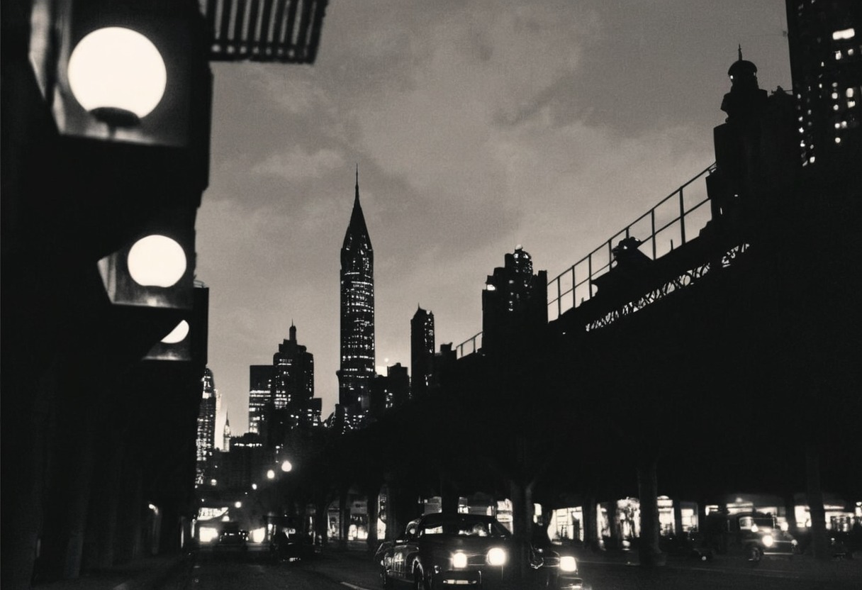 vintage new york, 1950s, elliott erwitt, nyc, nyc at night, glittering nyc, elevated tracks, city at night