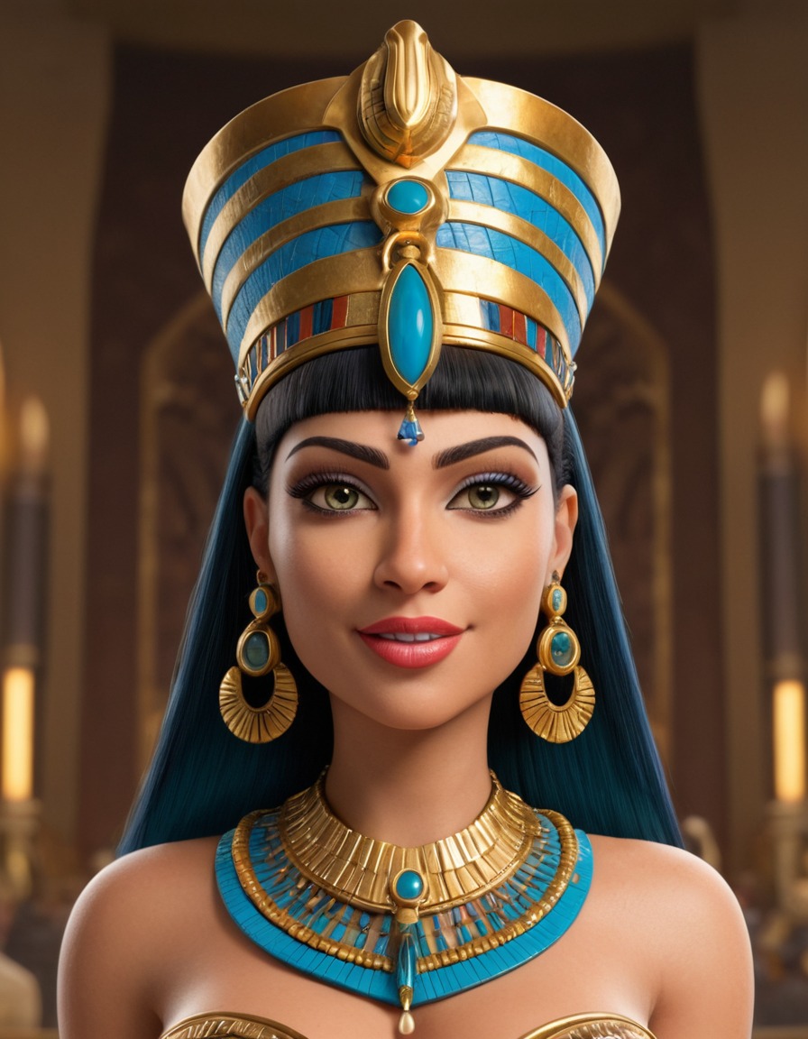 caricature, cleopatra, modern, exaggerated features, accessories, funny