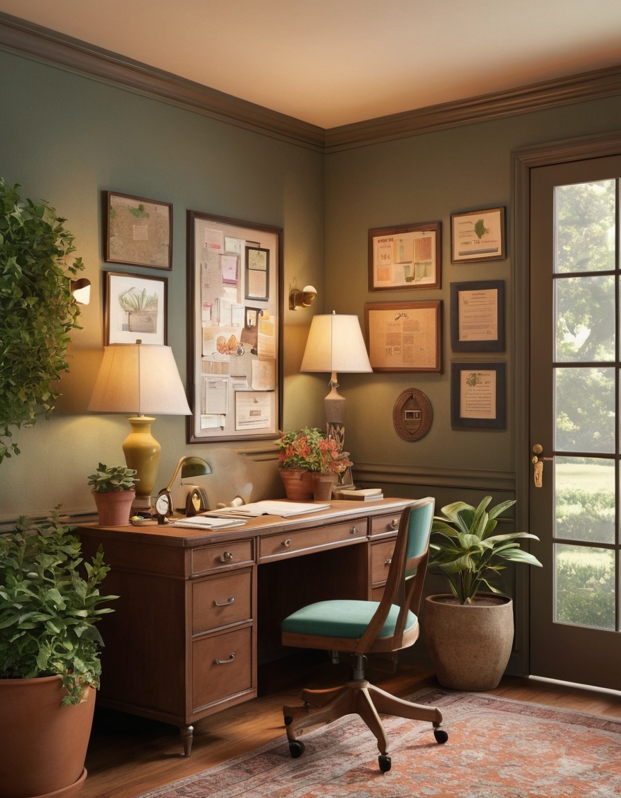 home office, vintage desk, bulletin board, potted plant, home, interior