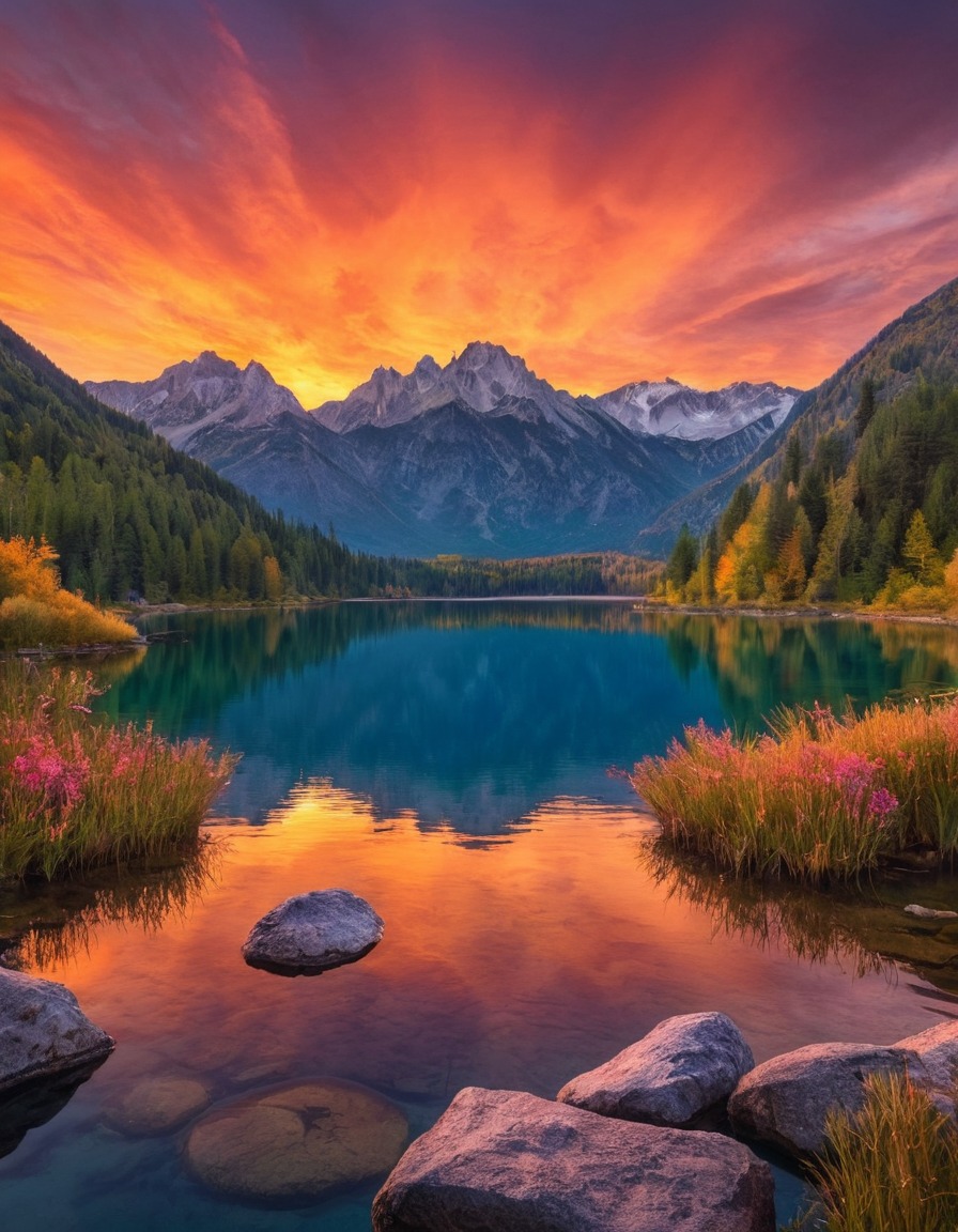 sunset, lake, mountains, peaceful, nature, tranquil