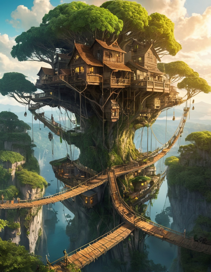 A sprawling treehouse city connected by bridges and inhabited by tree ...