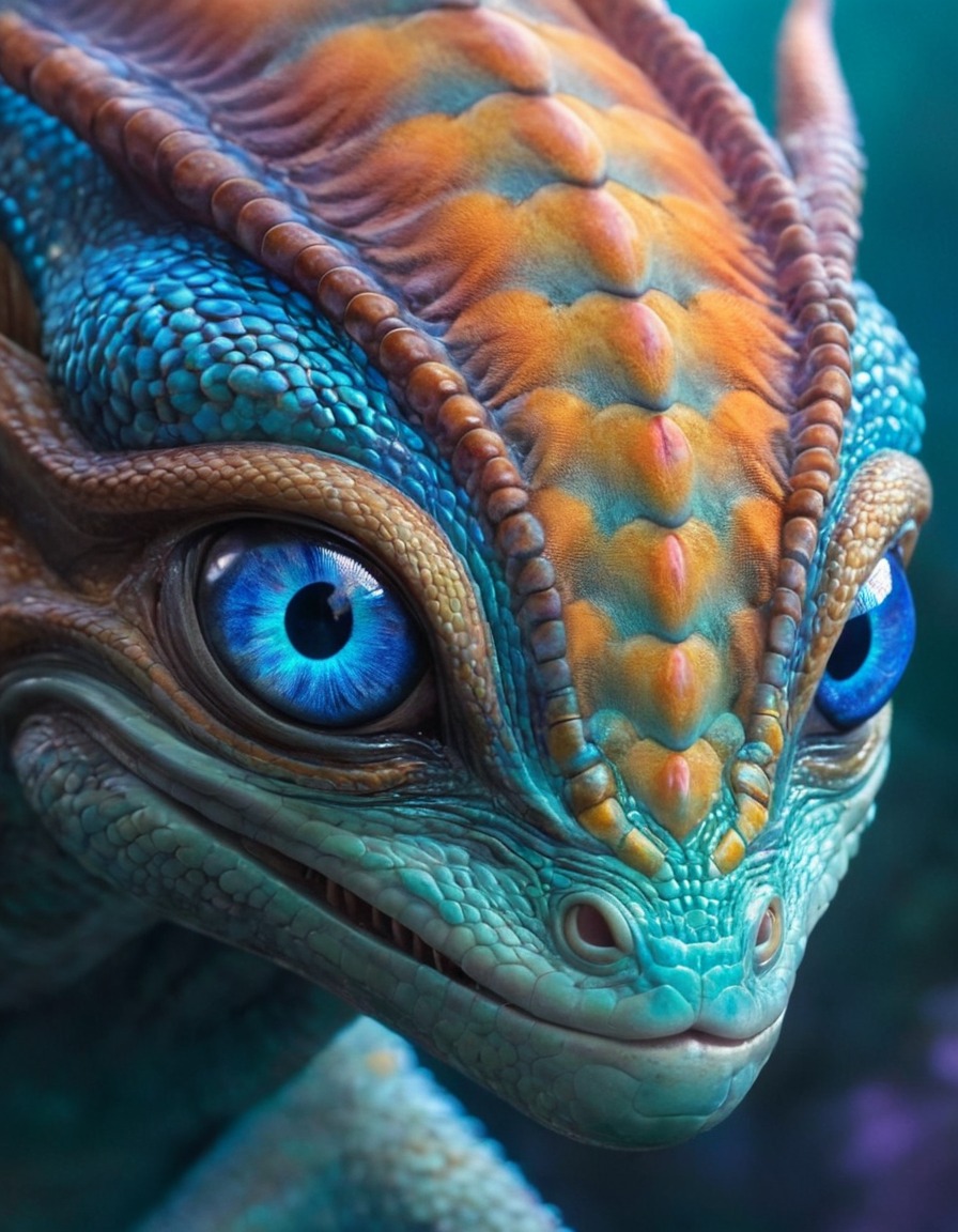 alien, creature, close-up, mysterious, iridescent scales, multiple eyes, extraterrestrial, aliens