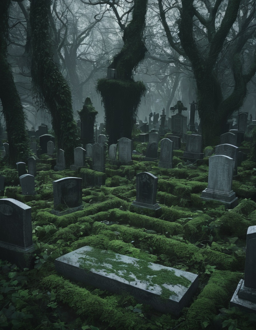 graveyard, tombstones, ivy, moss, cemetery, gothic, underground, dark