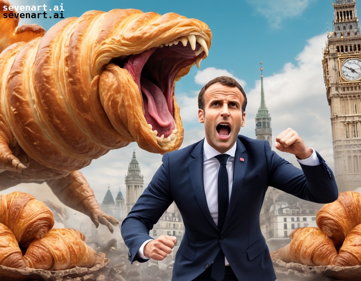 emmanuel macron, comic book, giant croissant monster, humor, satire, france