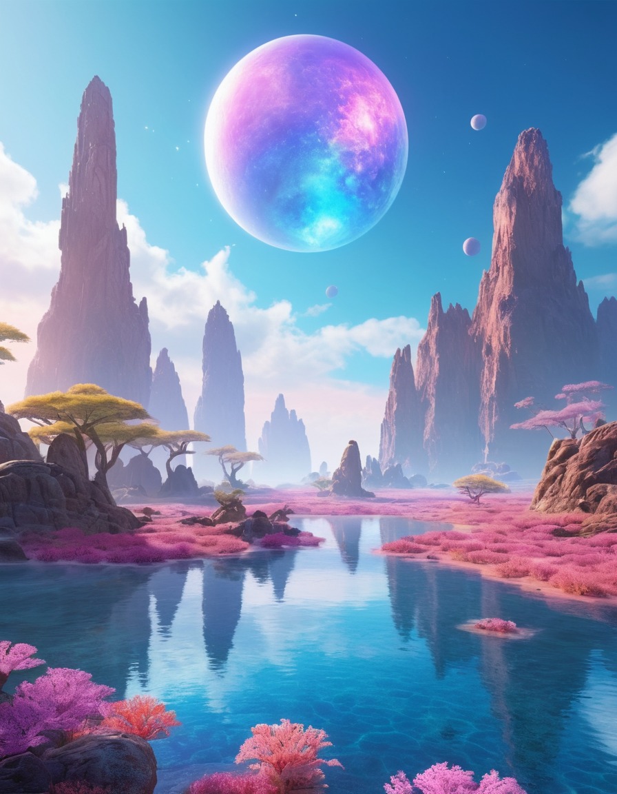 alien landscape, floating rock formations, iridescent flora, otherworldly scenery, extraterrestrial, aliens