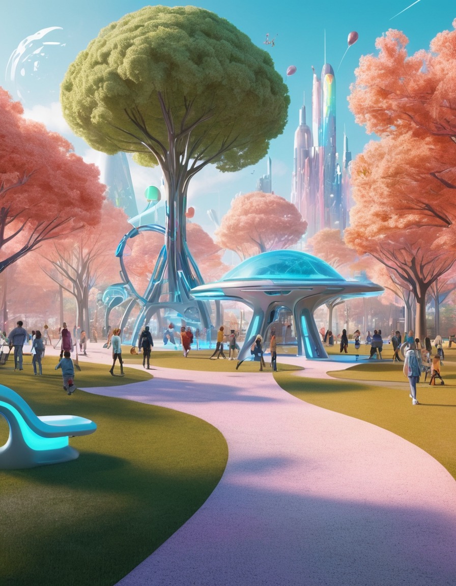 futuristic, city park, holographic, interactive, playground, technology