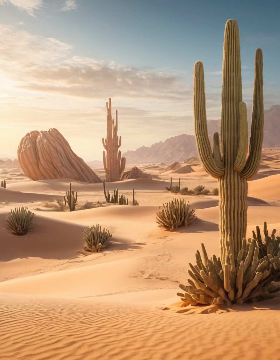 desert, landscape, cacti, sand dunes, sculptures, fantastic