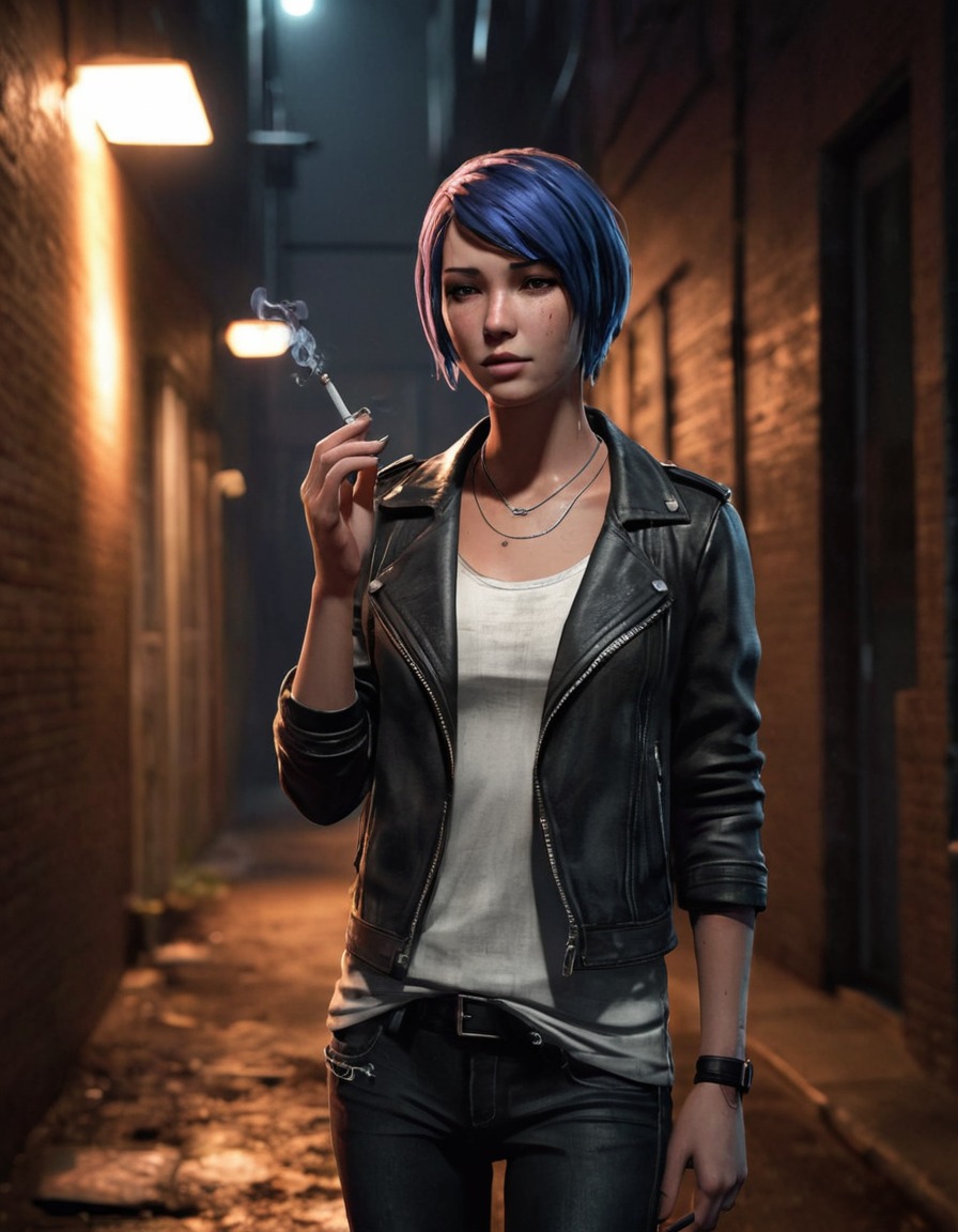 life is strange, chloe price, video game character, smoking, alleyway, dark, rebel, games