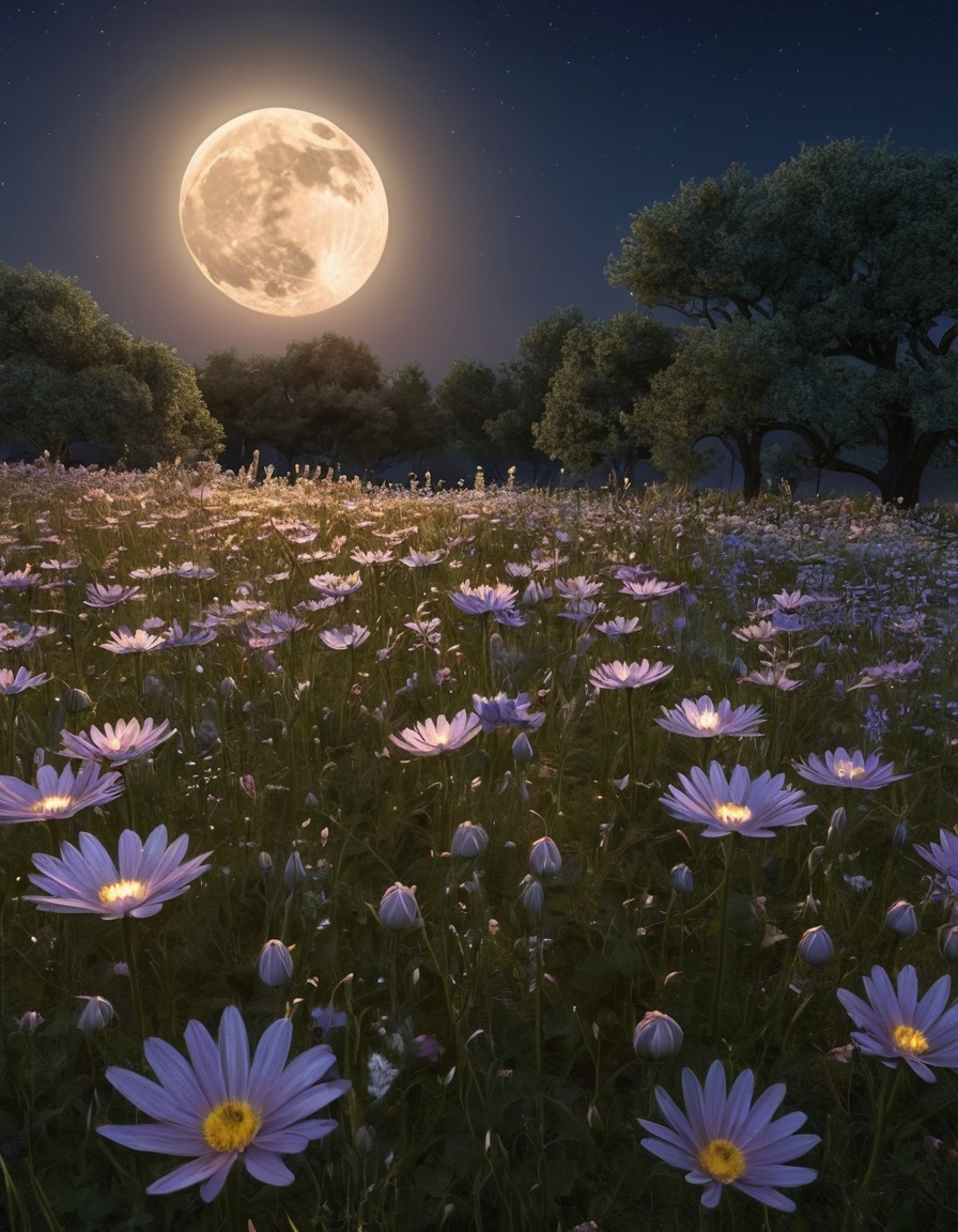 enchanted, magical, flowers, full moon, mystical, fantastic