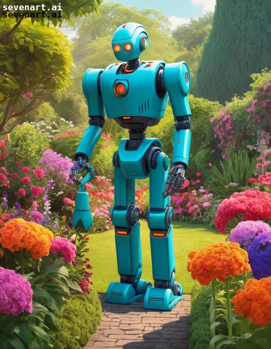 robot, gardener, lush garden, flowers, vibrant, robots