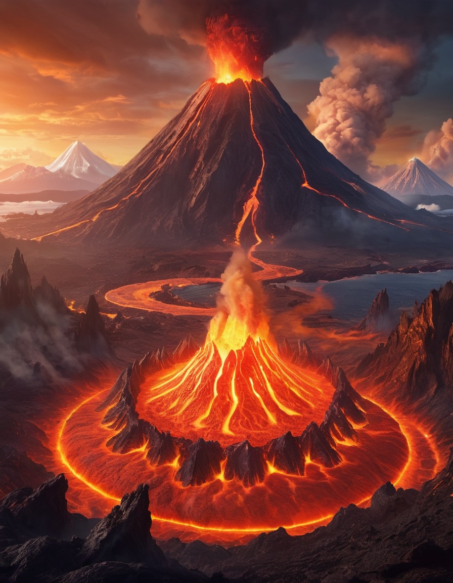 volcano, island, lava, dragons, beasts, fantastic