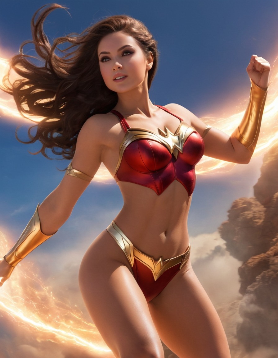 superhero, sky, flying, energy, power, trail of sparkles, superheroine, nsfw, sexy